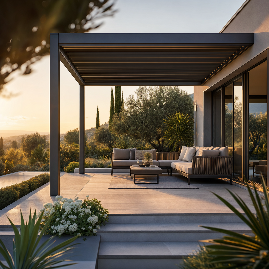 Pergola bioclimatique au coucher du soleil